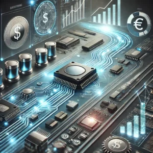 Illustration représentant l'optimisation des coûts d’achat de composants électroniques avec des flux de données, des circuits imprimés et une ambiance technologique moderne